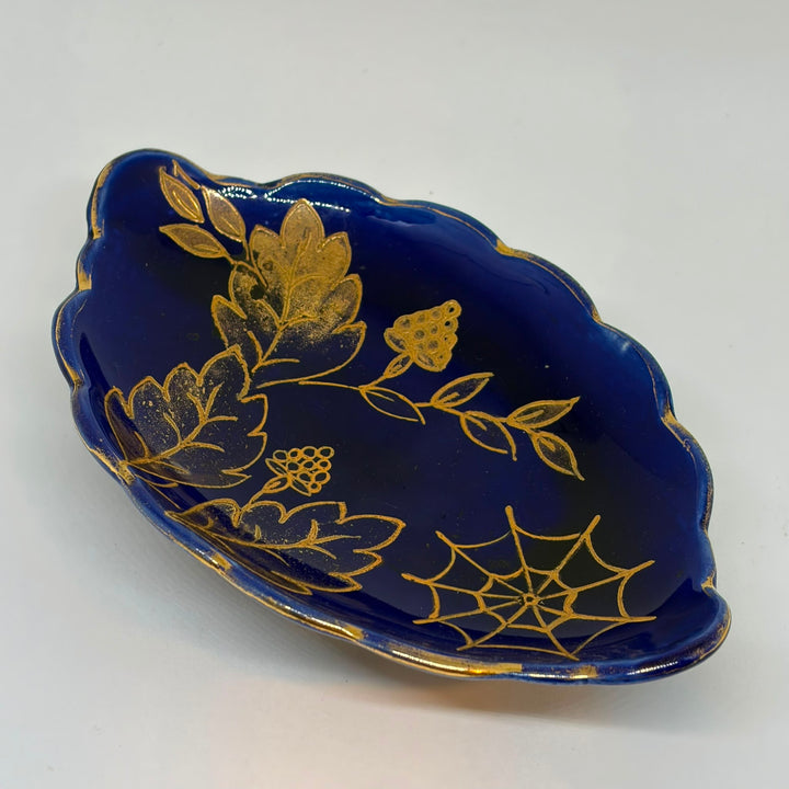 Vintage Cobalt Blue & Gold Botanical Leaf Dish Tray