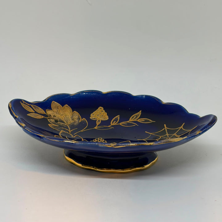 Vintage Cobalt Blue & Gold Botanical Leaf Dish Tray