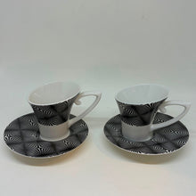 Load image into Gallery viewer, Pair of Blac Design Inc. Demitasse Espresso Cups Saucers Geometric Starburst