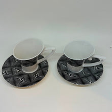 Load image into Gallery viewer, Pair of Blac Design Inc. Demitasse Espresso Cups Saucers Geometric Starburst