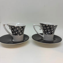 Load image into Gallery viewer, Pair of Blac Design Inc. Demitasse Espresso Cups Saucers Geometric Tessellated