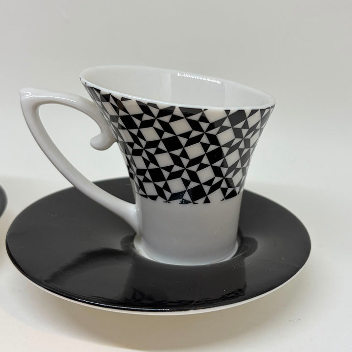 Pair of Blac Design Inc. Demitasse Espresso Cups Saucers Geometric Tessellated