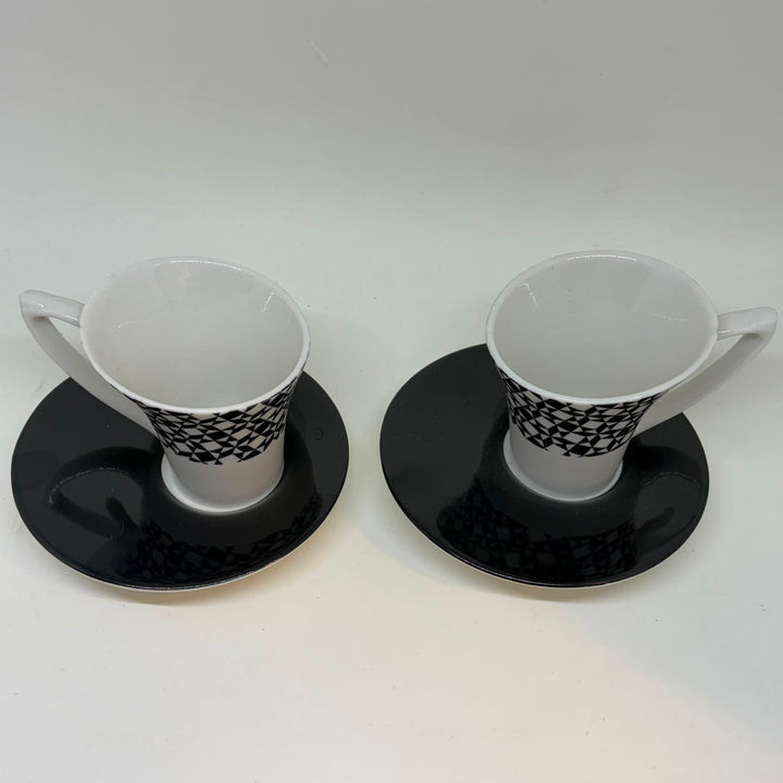 Pair of Blac Design Inc. Demitasse Espresso Cups Saucers Geometric Tessellated