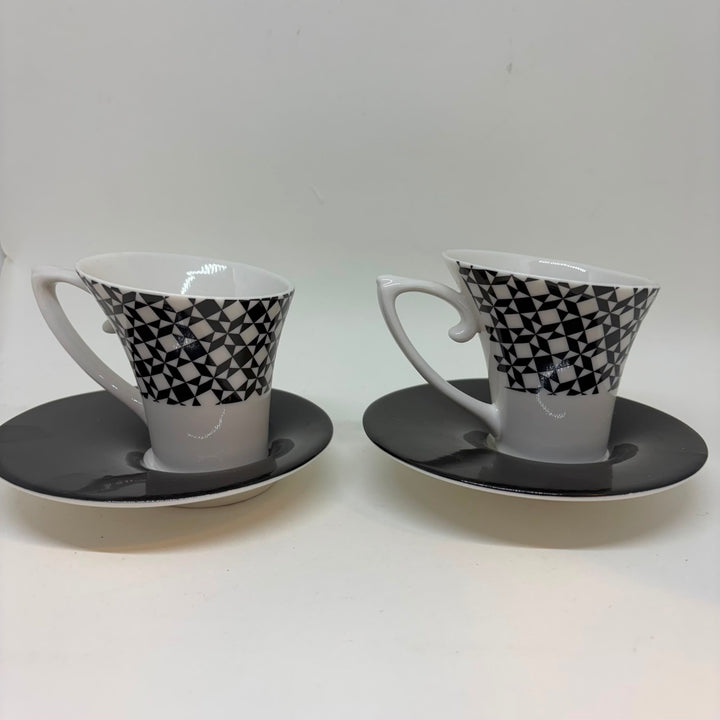 Pair of Blac Design Inc. Demitasse Espresso Cups Saucers Geometric Tessellated