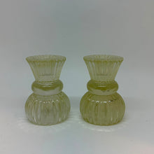 Load image into Gallery viewer, Vintage Pair of Green Pressed Glass Candle Holders Ribbed Fluted UV Glow
