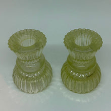 Load image into Gallery viewer, Vintage Pair of Green Pressed Glass Candle Holders Ribbed Fluted UV Glow