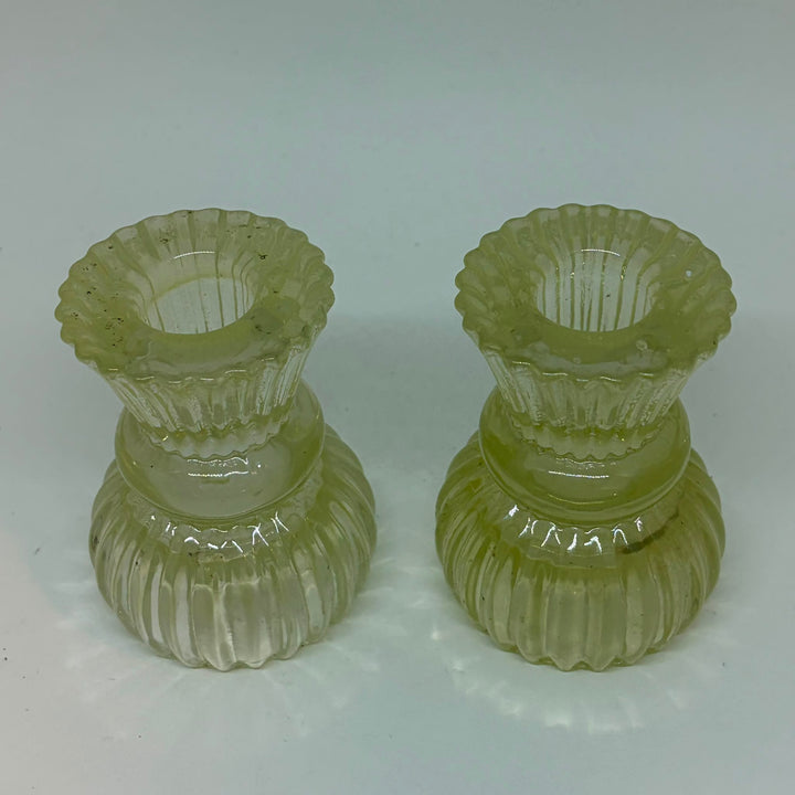 Vintage Pair of Green Pressed Glass Candle Holders Ribbed Fluted UV Glow