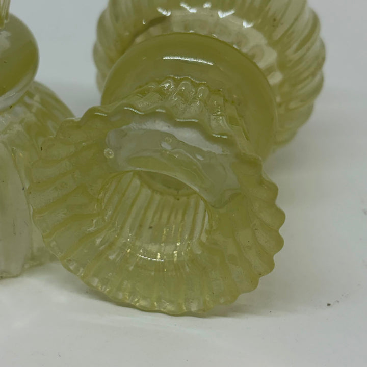 Vintage Pair of Green Pressed Glass Candle Holders Ribbed Fluted UV Glow