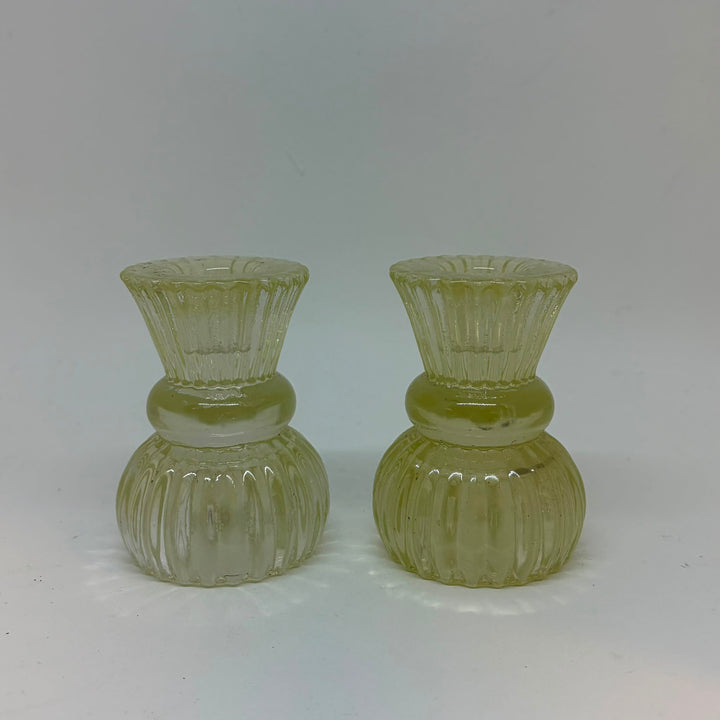 Vintage Pair of Green Pressed Glass Candle Holders Ribbed Fluted UV Glow