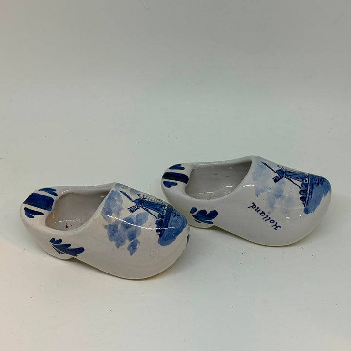 Vintage Pair of Delftware Porcelain Clog Ashtrays Hand Painted Windmill