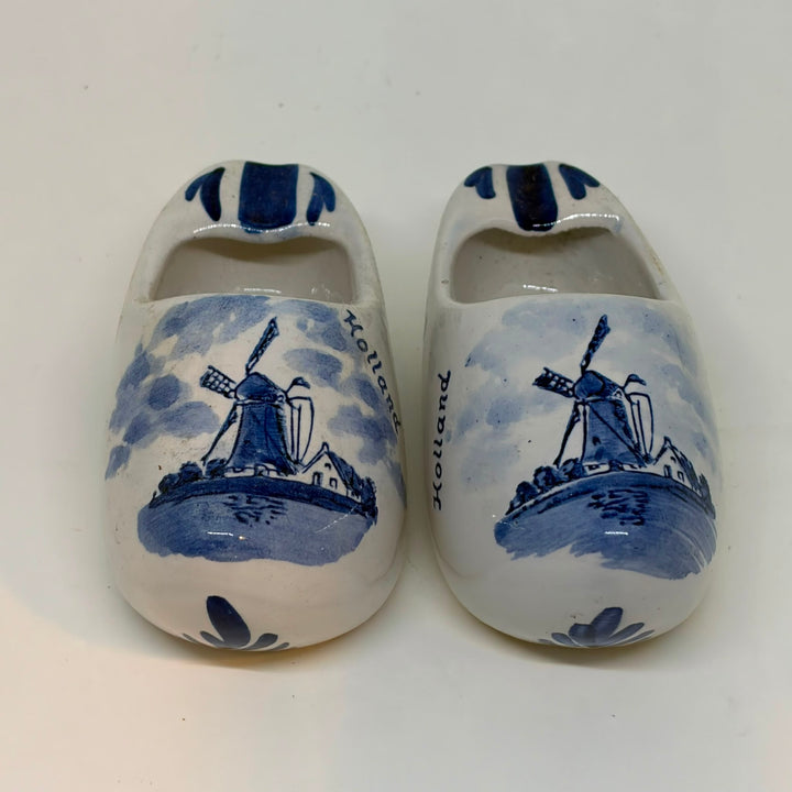 Vintage Pair of Delftware Porcelain Clog Ashtrays Hand Painted Windmill