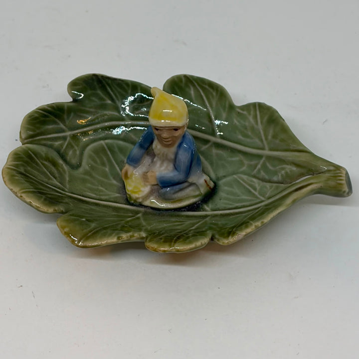 Vintage Shamrock Pottery Ireland Leaf Dish Leprechaun Pixie Gnome Figurine