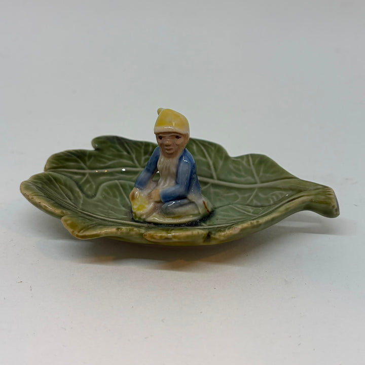 Vintage Shamrock Pottery Ireland Leaf Dish Leprechaun Pixie Gnome Figurine