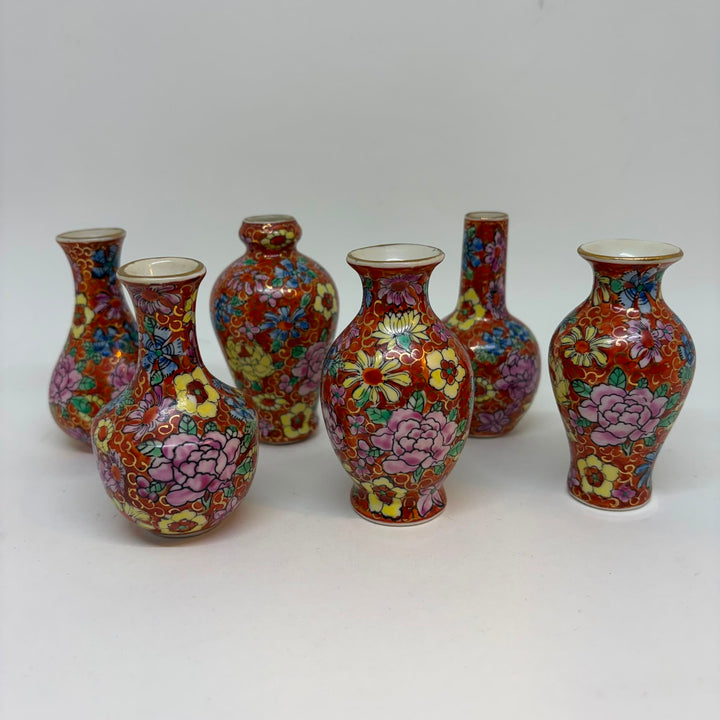Set of 6 Vintage Chinese Miniature Porcelain Vases Millefleurs Thousand Flowers