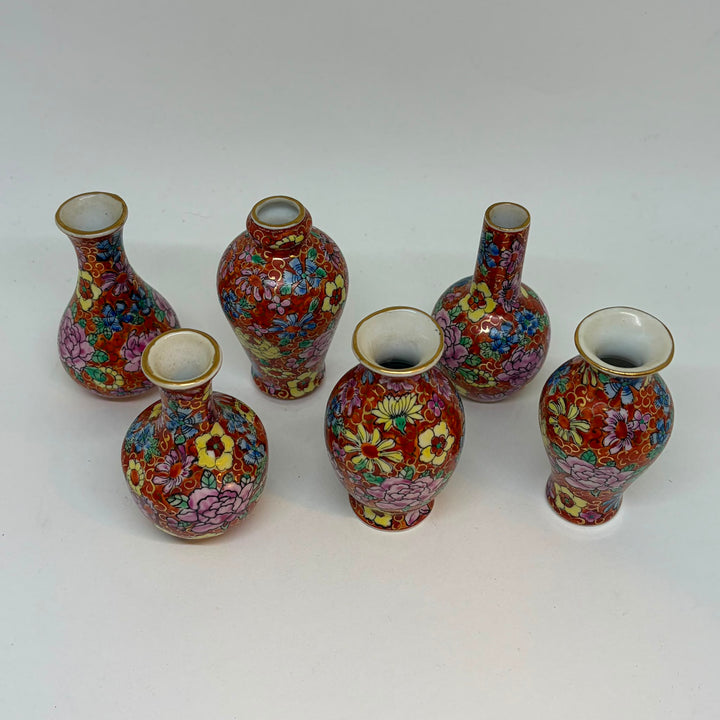 Set of 6 Vintage Chinese Miniature Porcelain Vases Millefleurs Thousand Flowers