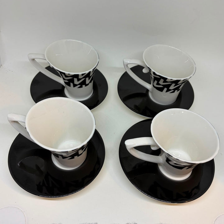 Set of 4 Blac Design Inc. Demitasse Espresso Cups & Saucers Geometric V-Shaped