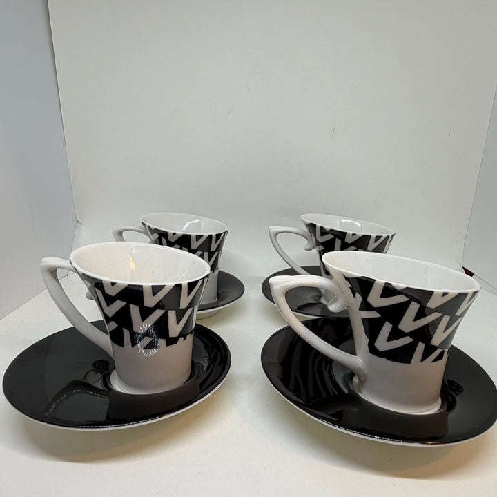 Set of 4 Blac Design Inc. Demitasse Espresso Cups & Saucers Geometric V-Shaped