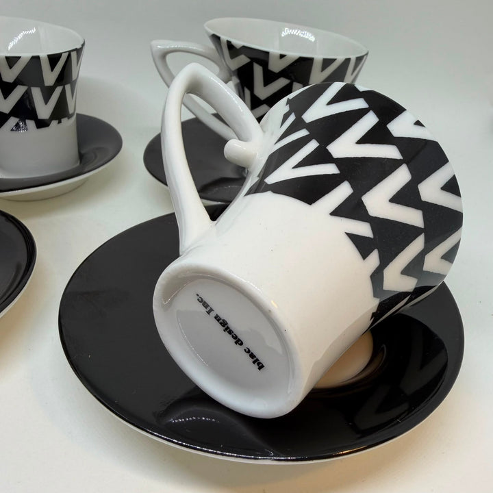 Set of 4 Blac Design Inc. Demitasse Espresso Cups & Saucers Geometric V-Shaped