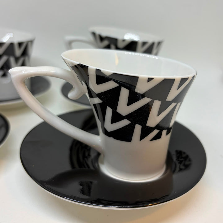 Set of 4 Blac Design Inc. Demitasse Espresso Cups & Saucers Geometric V-Shaped