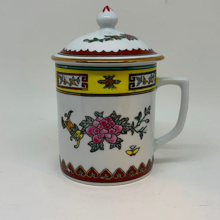 Vintage Jingdezhen Famille Rose Lidded Tea Mug Peony Butterfly Chinese Porcelain