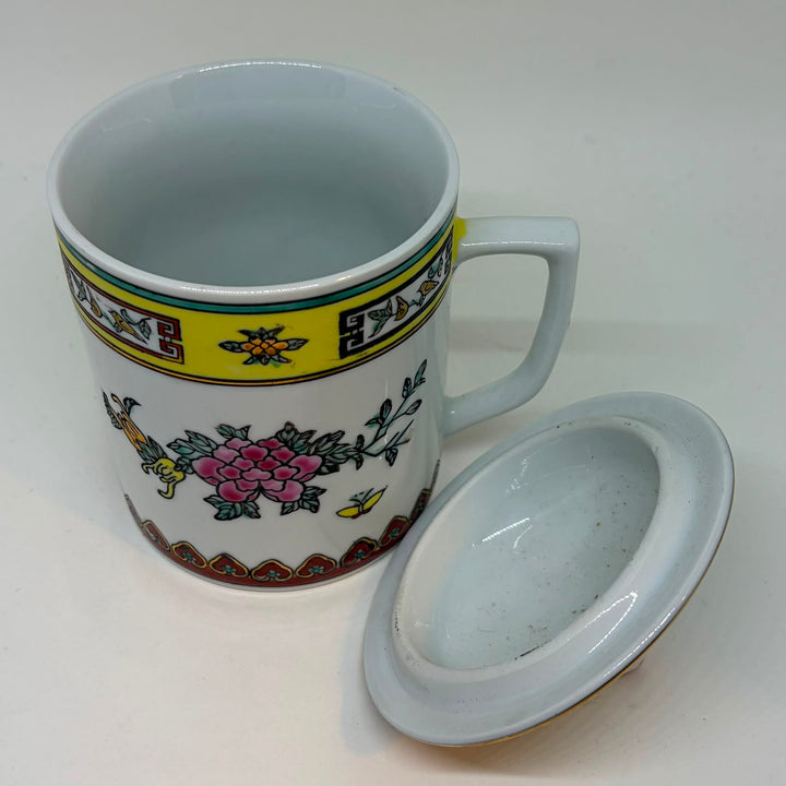 Vintage Jingdezhen Famille Rose Lidded Tea Mug Peony Butterfly Chinese Porcelain