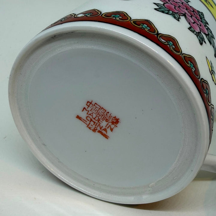Vintage Jingdezhen Famille Rose Lidded Tea Mug Peony Butterfly Chinese Porcelain