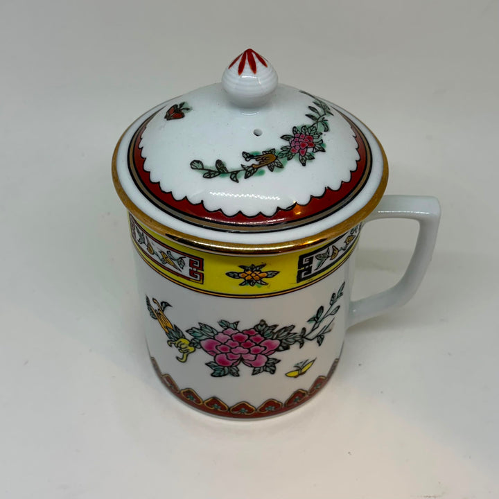 Vintage Jingdezhen Famille Rose Lidded Tea Mug Peony Butterfly Chinese Porcelain