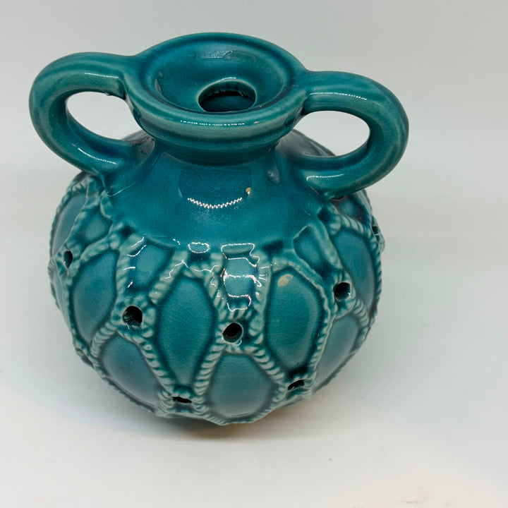 Vintage Double Handled Ceramic Turquoise Potpourri Vase