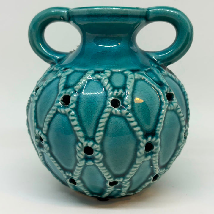 Vintage Double Handled Ceramic Turquoise Potpourri Vase
