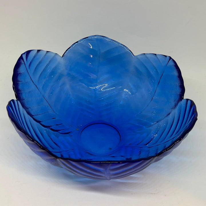 Vintage Cobalt Blue Pressed Glass Cabbage Leaf Serving Bowl