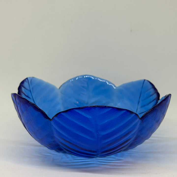 Vintage Cobalt Blue Pressed Glass Cabbage Leaf Serving Bowl