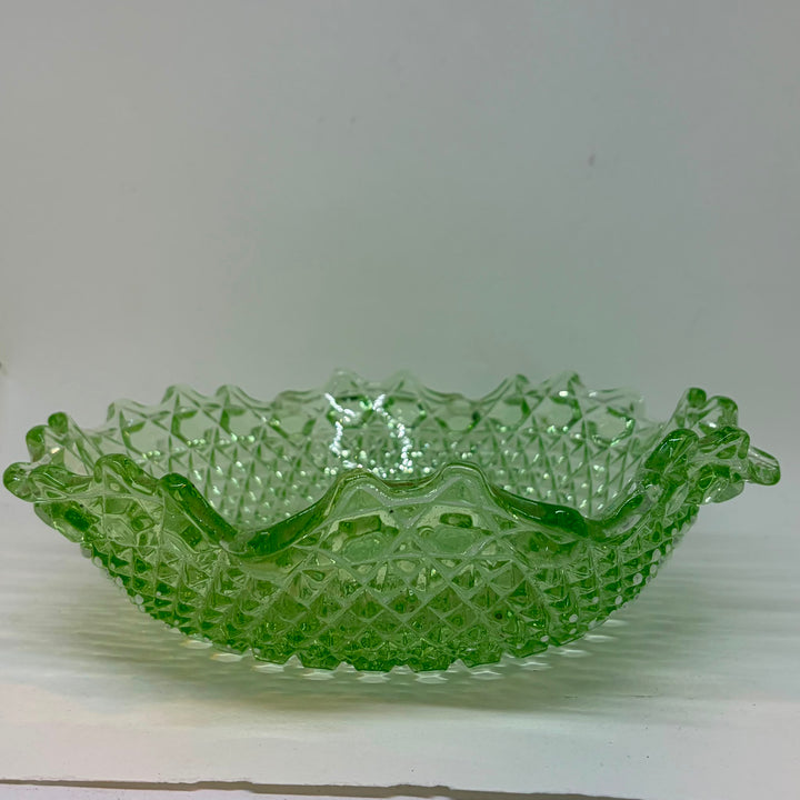 Vintage Green Pressed Glass Bowl Hobstar Crimped Ruffled Rim