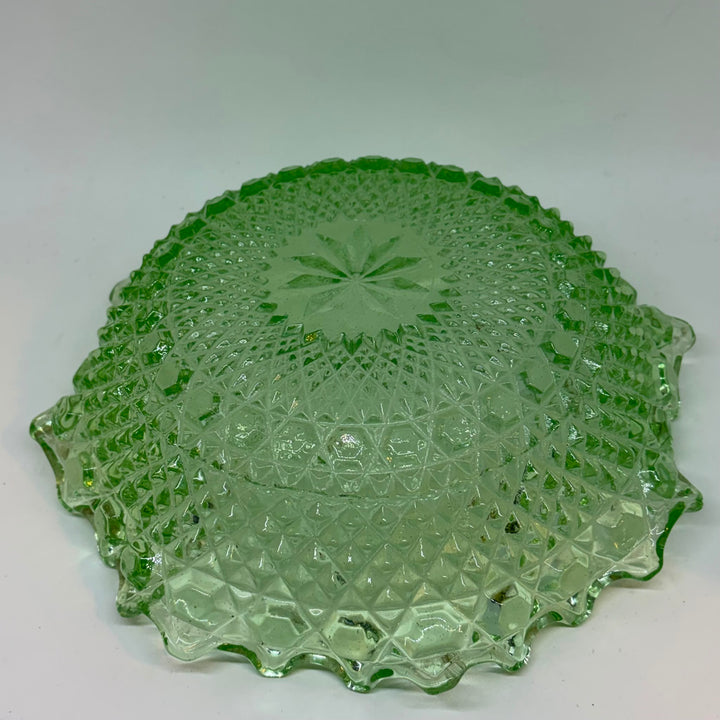 Vintage Green Pressed Glass Bowl Hobstar Crimped Ruffled Rim