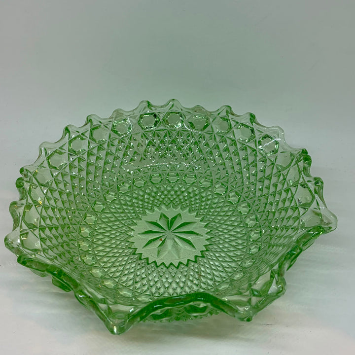 Vintage Green Pressed Glass Bowl Hobstar Crimped Ruffled Rim