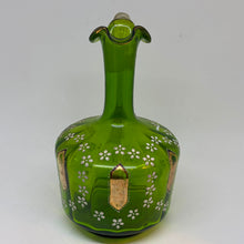 Load image into Gallery viewer, Antique Bohemian Hand Blown Olive Green Glass Daisy Gilt Decanter Jug Pitcher