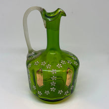 Load image into Gallery viewer, Antique Bohemian Hand Blown Olive Green Glass Daisy Gilt Decanter Jug Pitcher