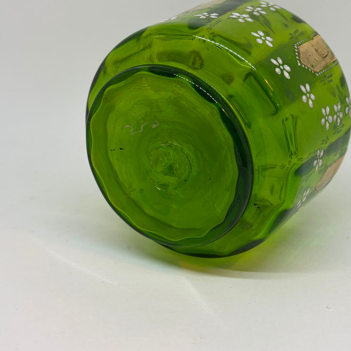 Antique Bohemian Hand Blown Olive Green Glass Daisy Gilt Decanter Jug Pitcher