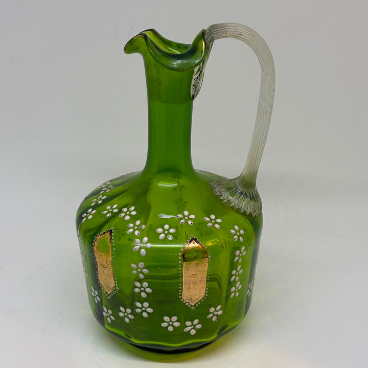 Antique Bohemian Hand Blown Olive Green Glass Daisy Gilt Decanter Jug Pitcher