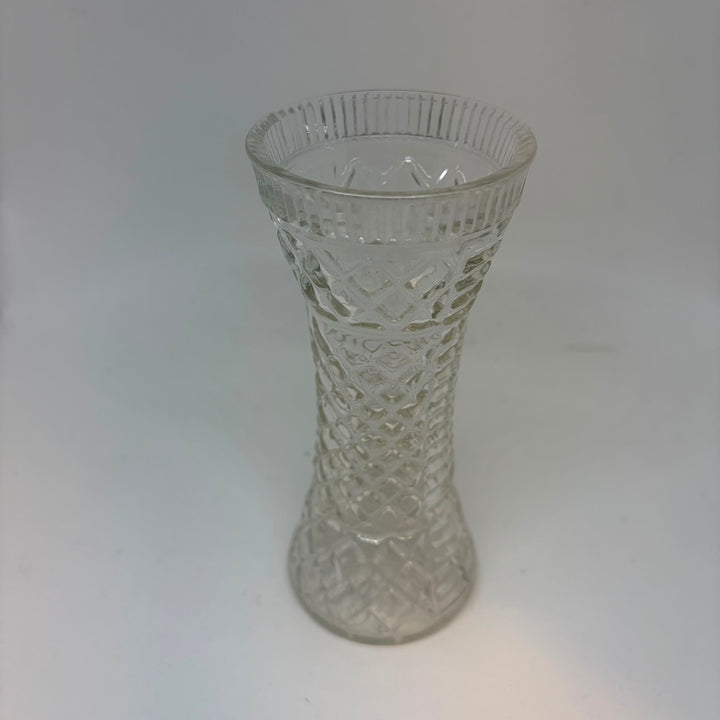 Vintage Clear Pressed Glass Vase Diamond Cut Geometric Pattern Hourglass Flare