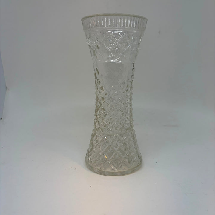 Vintage Clear Pressed Glass Vase Diamond Cut Geometric Pattern Hourglass Flare