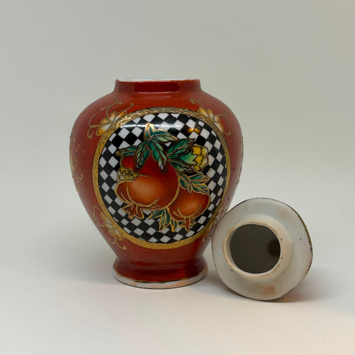 Vintage Mini Rust Red Pomegranate Checkerboard Ginger Jar Lidded Urn