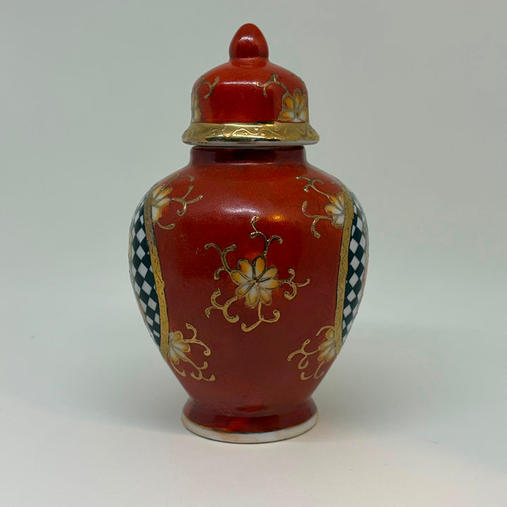 Vintage Mini Rust Red Pomegranate Checkerboard Ginger Jar Lidded Urn