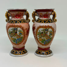 Load image into Gallery viewer, Vintage Pair of Satsuma Ware Hand Painted Birds &amp; Flowers Mini Urn Vases