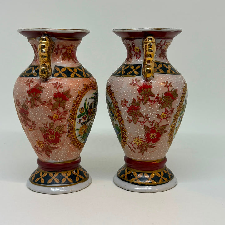 Vintage Pair of Satsuma Ware Hand Painted Birds & Flowers Mini Urn Vases