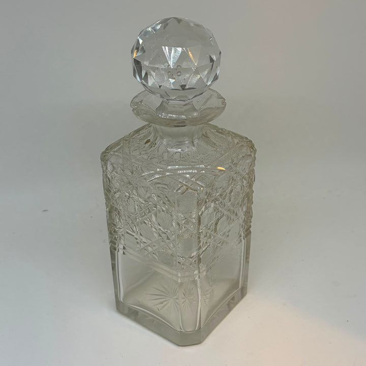 Vintage Cut Crystal Barware Glass Decanter Square Bottle Faceted Orb Stopper