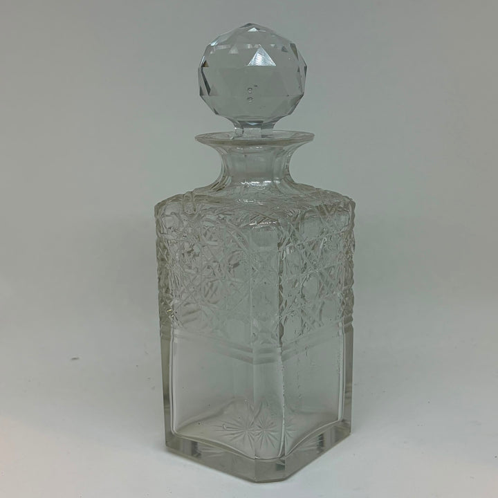 Vintage Cut Crystal Barware Glass Decanter Square Bottle Faceted Orb Stopper