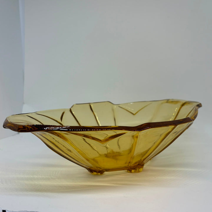 Vintage Amber Glass Art Deco Oval Footed Centerpiece Bowl/Dish