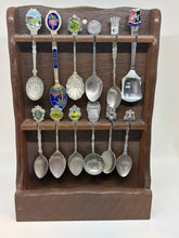 Load image into Gallery viewer, Vintage 12 Piece Travel Souvenir Spoons Collection with Wooden Display Rack