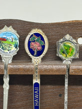 Load image into Gallery viewer, Vintage 12 Piece Travel Souvenir Spoons Collection with Wooden Display Rack