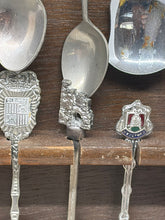 Load image into Gallery viewer, Vintage 12 Piece Travel Souvenir Spoons Collection with Wooden Display Rack